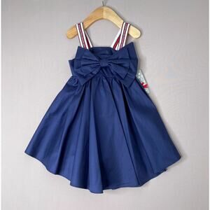 NWT Lapin House Navy Blue Bow Front Party Dress w/Logo Straps Girls 3 / 98 cm